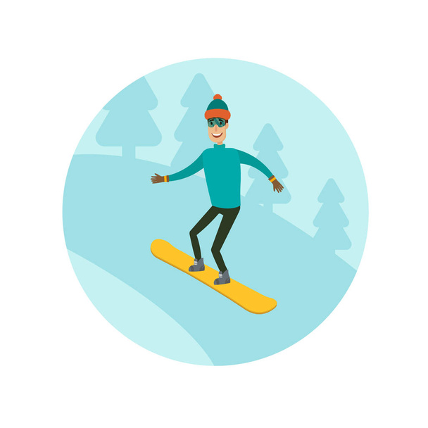 Dağlarda snowboard yapıyor olan bir adam, çocuk, genç insan. Farklı arka plan. Düz ve çizgi film tarzı. Vektör çizimi. - Vektör, Görsel