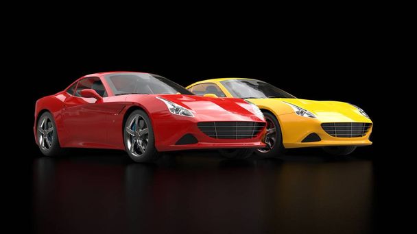 崇高な赤と黄色のスーパースポーツカーを並べて - ダークスタジオショット - 写真・画像