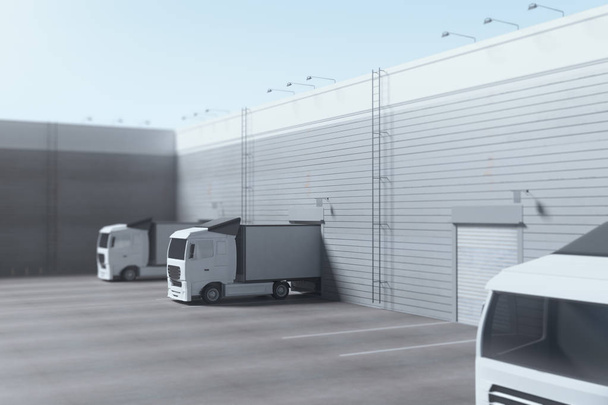 Gevel van een industrieel gebouw en magazijn met vracht auto's geparkeerd parallelly onder heldere blauwe hemel. Kopie van de advertentieruimte. Levering concept. 3D-rendering  - Foto, afbeelding