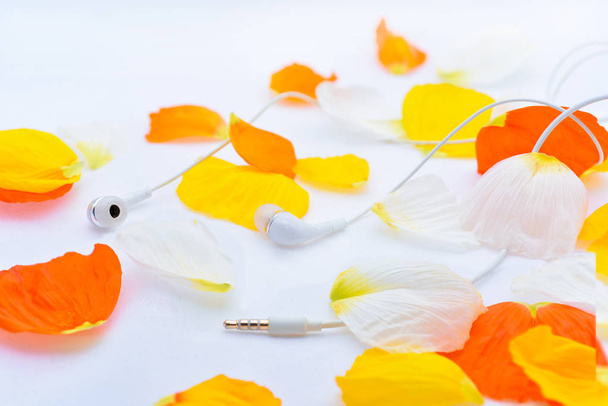 Herfst textuur met witte koptelefoon - Foto, afbeelding