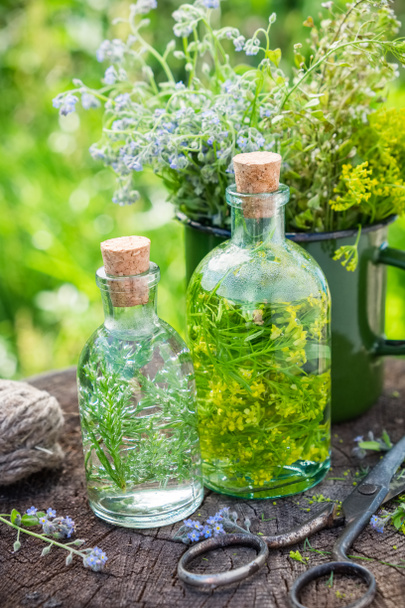 Bottles of tincture or infusion of healing herbs, medicinal herbs in green enameled mug on old stump outdoors. Herbal medicine concept. - Fotó, kép