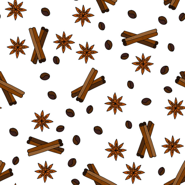Бесшовный векторный рисунок с зерном кофе, коричными палочками и анисом из звезд
. - Вектор,изображение