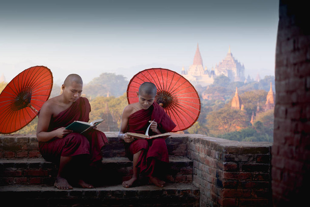 Fiatal buddhista kezdő olvasó és kívülre kolostor - Fotó, kép