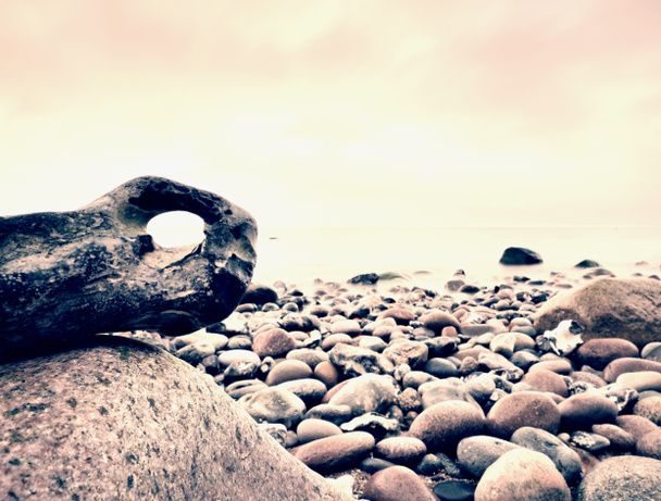 Bizzare taşları, costline üzerine taşlı plaja bulanık okyanus yumuşak suda biter.. - Fotoğraf, Görsel