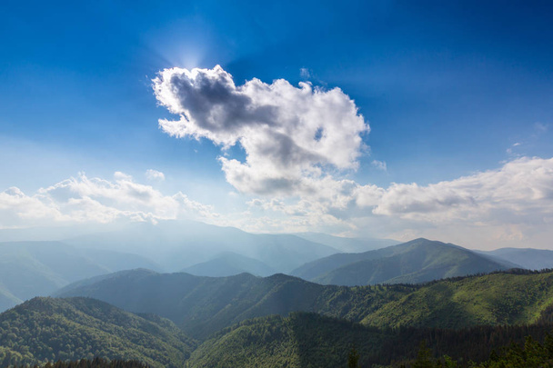 Cenário montanhoso nos Alpes da Transilvânia no verão com nuvens de névoa
 - Foto, Imagem