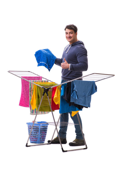 Husband man doing laundry isolated on white - Foto, afbeelding