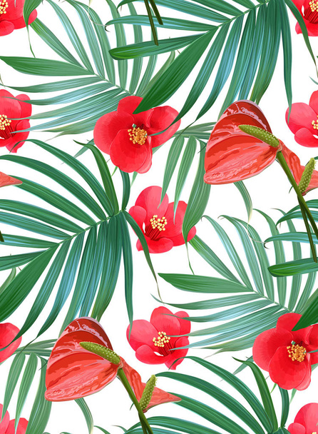 Vector Flores tropicales y hojas de palma patrón sin costuras. Floral
 - Vector, imagen