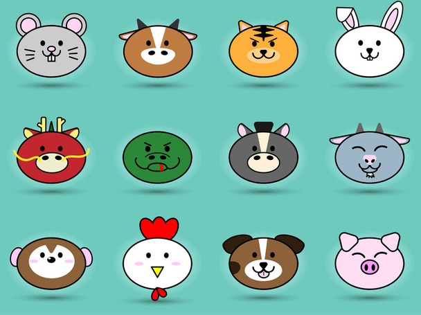 Fatty cute head of Animal sign symbol for Chinese zodiac horoscope collection set vector icon design illustration - Vettoriali, immagini
