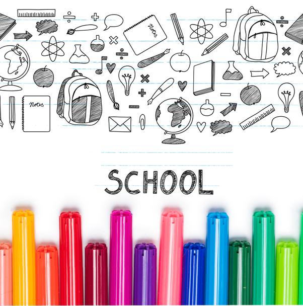 school lettering and colorful markers - Foto, Imagen