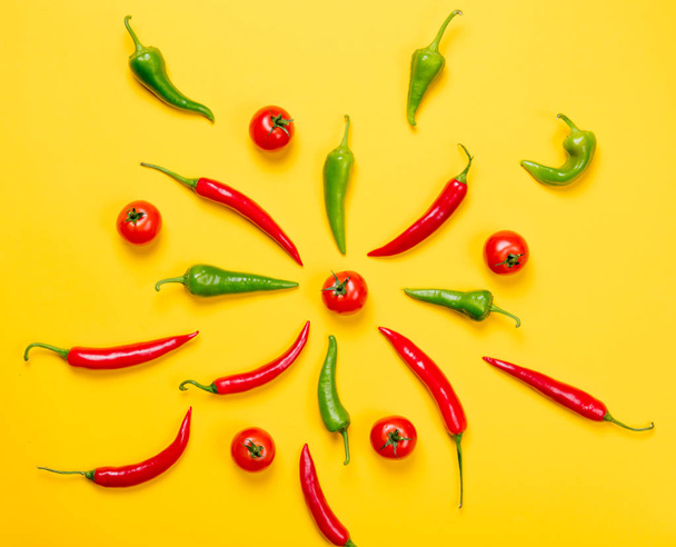 fresh ripe tomatoes and chilli peppers  - Zdjęcie, obraz