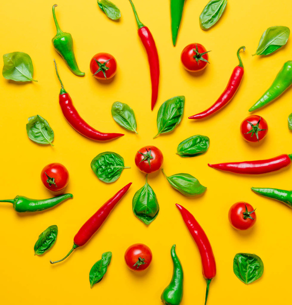 fresh ripe tomatoes and chilli peppers  - Фото, изображение