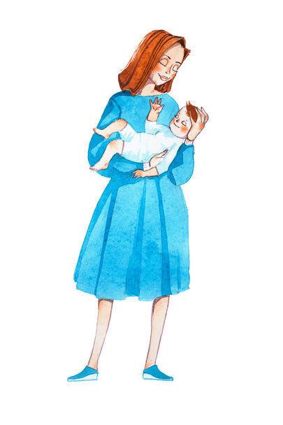 若いお母さんは、スリープ状態に赤ちゃんを落ち着かせます。手描き漫画の幼児と母親 - 写真・画像