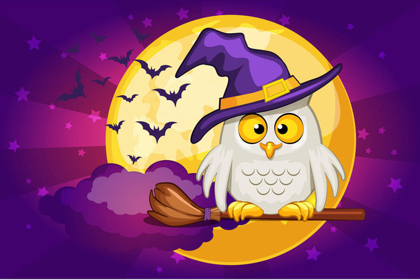 Cartoon owl and moon, set Illustration Happy Halloween - Vector, Image