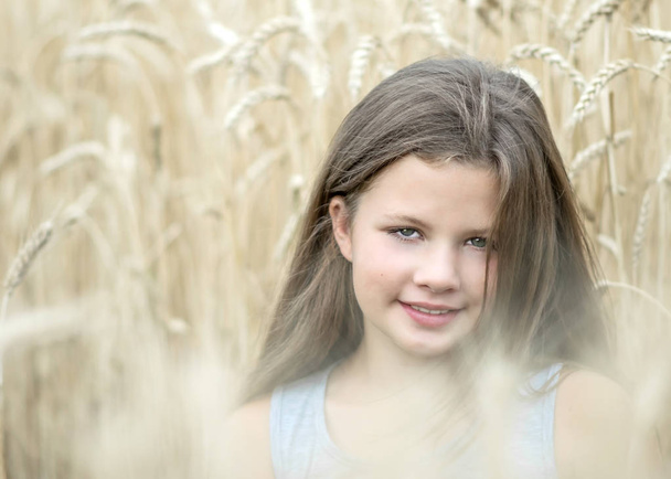 Κοριτσάκι σε χρυσαφένιο σιτάρι πεδίο σε καλοκαιρινή μέρα. Πορτρέτο του ένα όμορφο παιδί. Έννοια της αγνότητας, την ανάπτυξη, την ευτυχία - Φωτογραφία, εικόνα