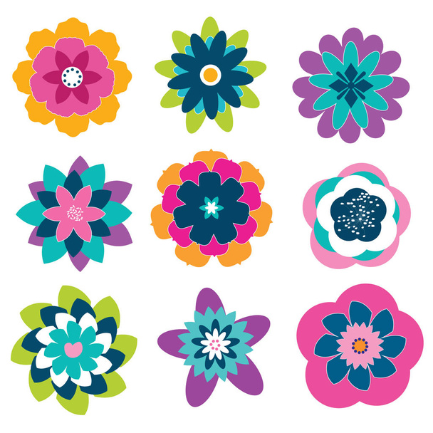 Set of 9 colorful digital abstract flowers - Vektor, Bild