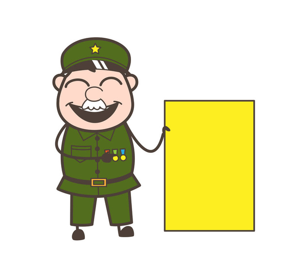 Laughing Cartoon Army Man Showing a Blank Banner Vector Illustration - Vector, Image