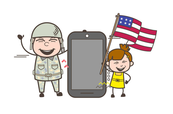 Happy Army Man avec Smartphone et enfant tenant le drapeau américain Illustration vectorielle
 - Vecteur, image