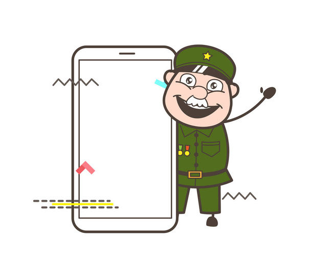 Dessin animé vieil homme de l'armée présentant un Smartphone Illustration vectorielle
 - Vecteur, image