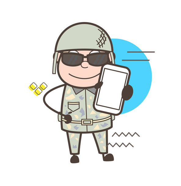 Cartoon Army Man Showing Smartphone Vector Illustration - Vector, Image