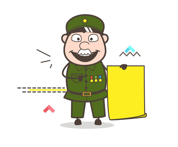 Γελοιογραφία άνθρωπος Στρατού κρατώντας μια εικονογράφηση διάνυσμα Banner περγαμηνή - Διάνυσμα, εικόνα