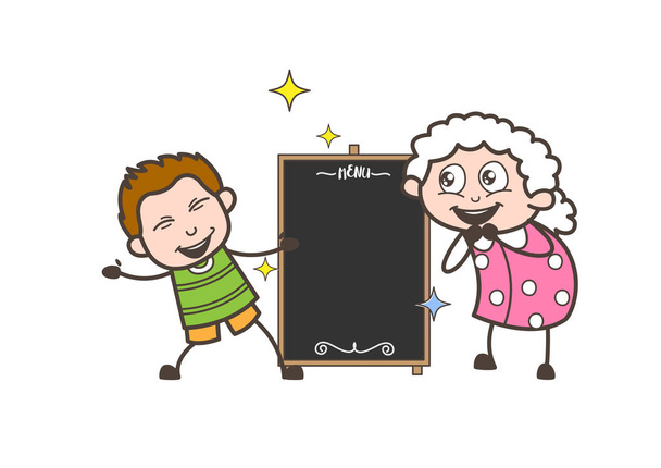 Cartoon Granny con Happy Kid e illustrazione vettoriale da tavolo nero
 - Vettoriali, immagini