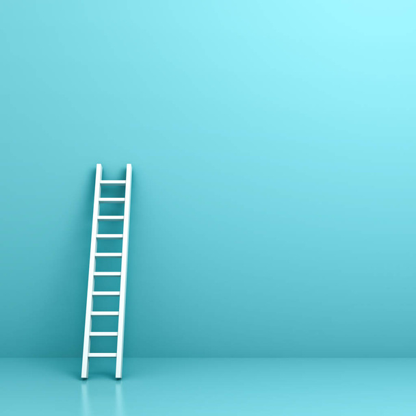 White ladder on light blue wall background with reflection and shadow . 3D render - Photo, Image