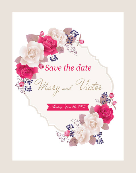 Bruiloft uitnodigingskaarten met rozen. Mooie witte en rode rozen. Uitnodiging bruiloft, Bedankkaart, sla de datum-kaarten. Vectorillustratie. EPS-10 - Vector, afbeelding