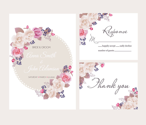 Wedding floral template collection.Wedding invitation, thank you card, save the date cards. Beautiful white and pink roses. Vector illustration. EPS 10 - Vector, Image