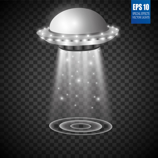 Wiązka światła UFO, kosmici futurystycznego statku kosmicznego na białym tle na przezroczystym tle kratkę wektor ilustracja. Talerzyk transport w ciemności - Wektor, obraz
