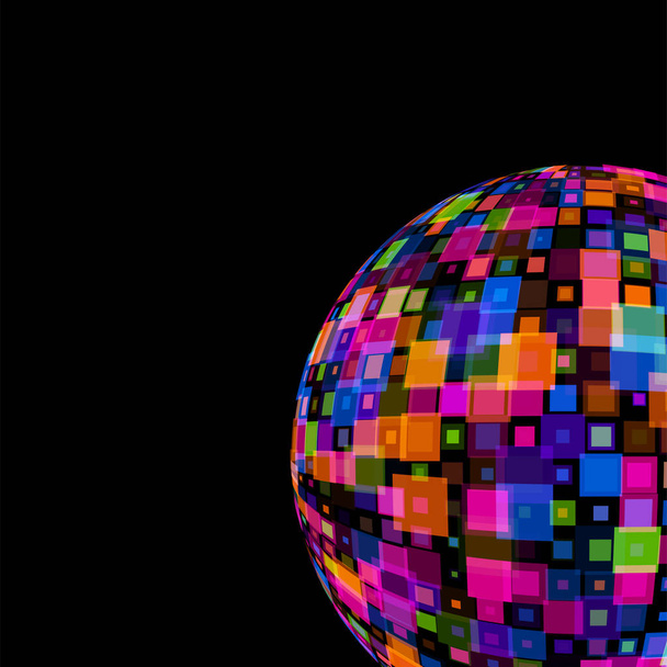 Ilustracja wektorowa kolorowy lustro Disco Ball na czarnym tle szablon dla strony klubu, imprez, uroczystości, rocznice. Kolorowe, przezroczyste placów placów nakładających się na siebie - Wektor, obraz