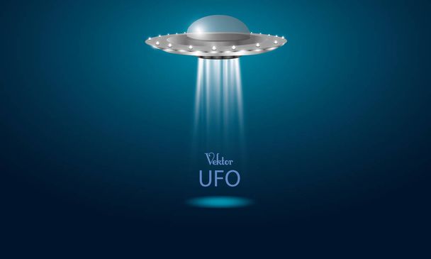Het buitenaards schip. Vectorillustratie. UFO op een blauwe achtergrond. De gloed van het licht. - Vector, afbeelding