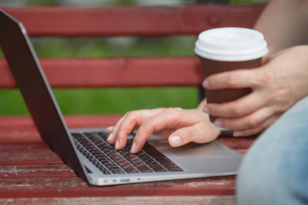 Girl using a laptop on a bench - Фото, зображення