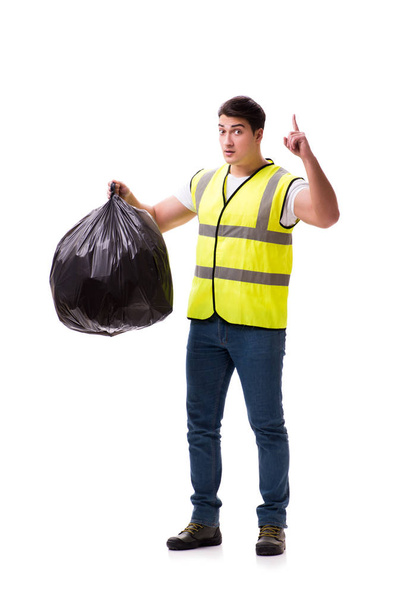 Hombre con saco de basura aislado en blanco
 - Foto, Imagen