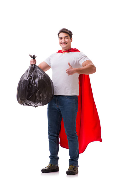 Superhéroe hombre con saco de basura aislado en blanco
 - Foto, Imagen