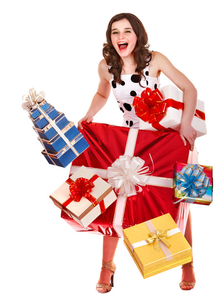 Girl with group of gift box. - 写真・画像