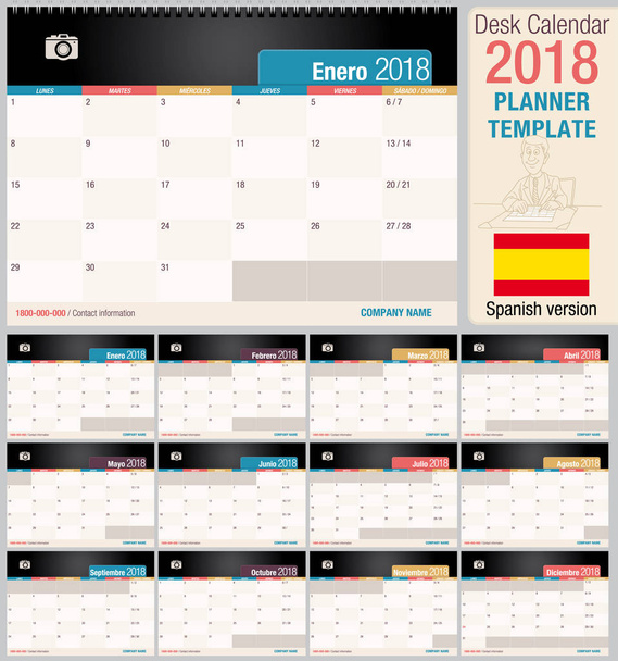 Полезный настольный календарь 2018 - шаблон планировщика. Формат горизонтальный - векторное изображение - испанская версия
 - Вектор,изображение