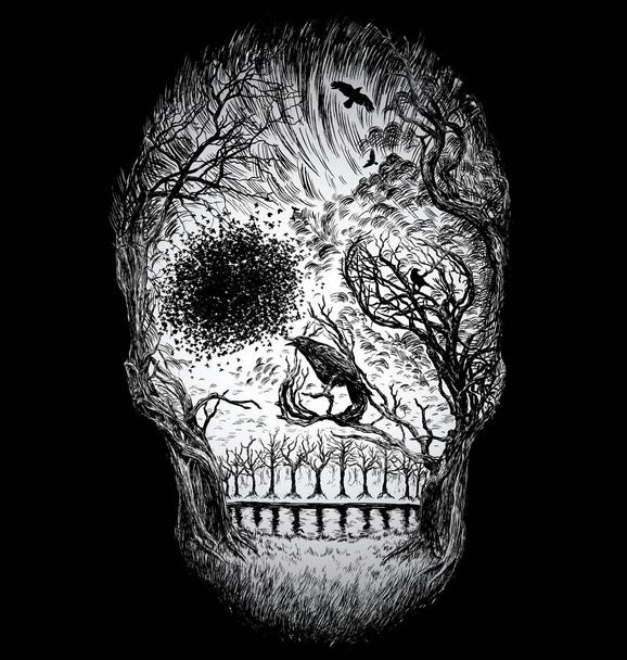 Ręcznie rysowane streszczenie czaszki wykonane z drzew i liści - Wektor, obraz