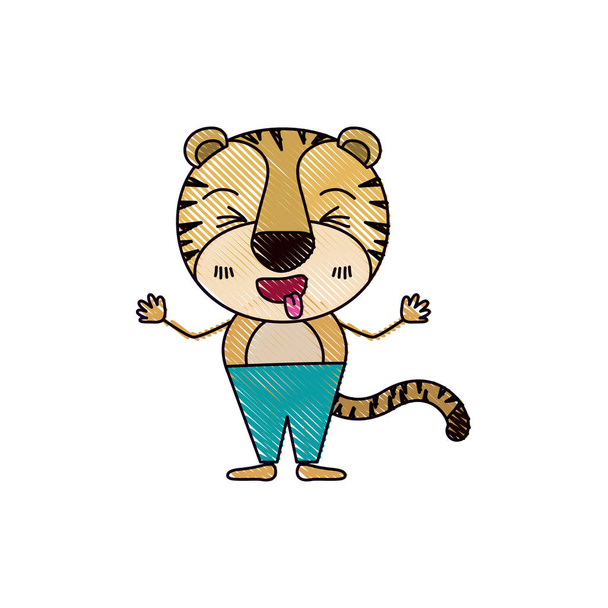 Цветной карандашный силуэт карикатуры на милое выражение лица тигра торчащего язык в штанах
 - Вектор,изображение