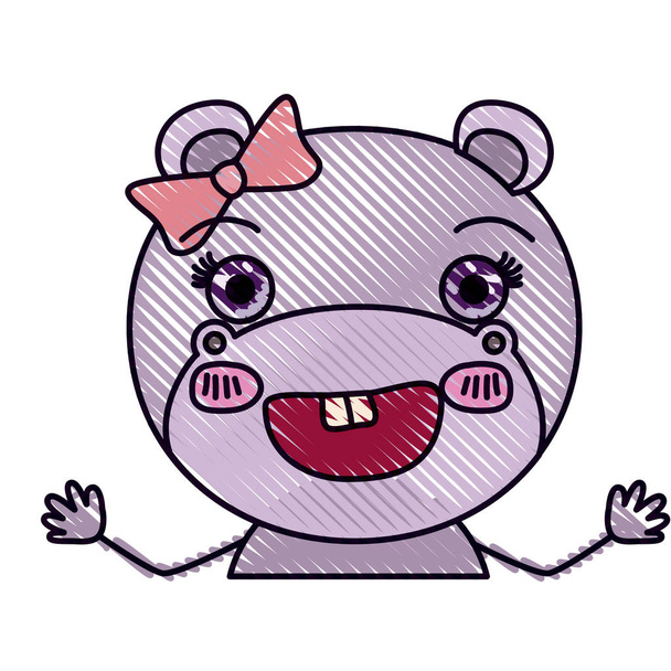 color crayon silhouette caricature half body of female hippo smiling with bow lace - Vector, Image