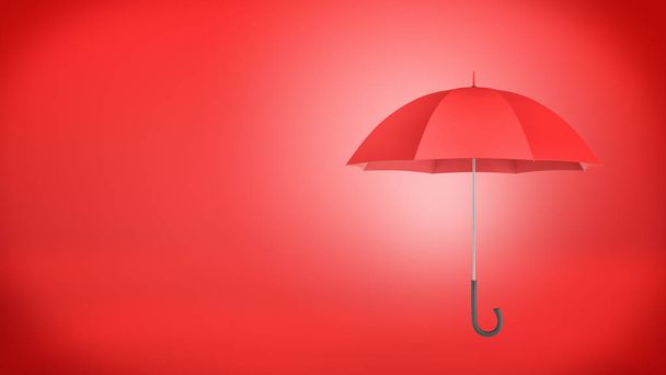 3d rendering of a new classic open red umbrella with a black handle on red background. - Zdjęcie, obraz