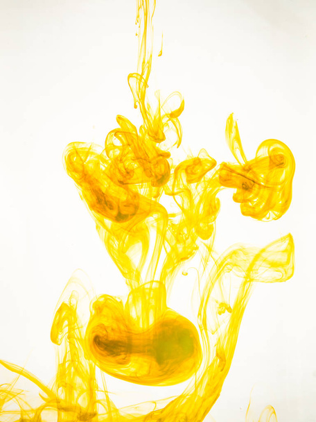 Ink swirl in a water on white background. The paint splash in the water. Soft dissemination a droplets of colored ink in water close-up. Abstract background. Explosion of color splashes acrylic ink - Foto, Imagem