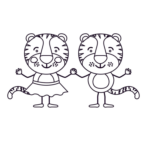 карикатура на силуэт с парой тигров, держащихся за руки
 - Вектор,изображение