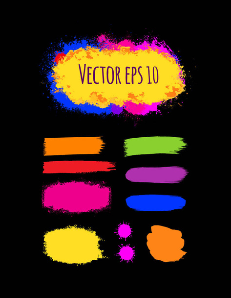 Set of painted grunge banners. Bright colorful ink vector stains isolated on black. - Vetor, Imagem