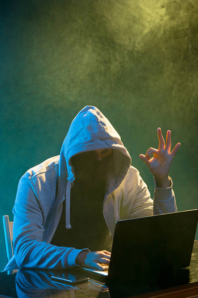 Hooded computer hacker stealing information with laptop - Valokuva, kuva