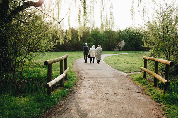 3 pessoas idosas andando no parque em um dia ensolarado
 - Foto, Imagem