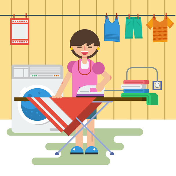 Mujer en la lavandería es lavado y planchado
 - Vector, imagen