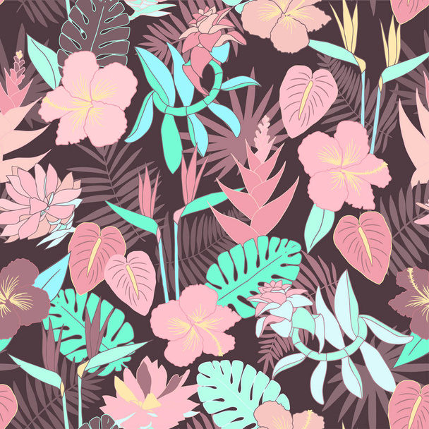 Pastel jungle flowers patter - Wektor, obraz