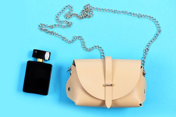Accessories in modern style isolated on cyan blue background - Foto, afbeelding