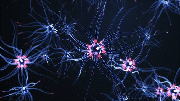 Neuraal netwerk op een donker blauwe achtergrond met lichteffecten. 3D illustratie. Een hoge resolutie. - Foto, afbeelding