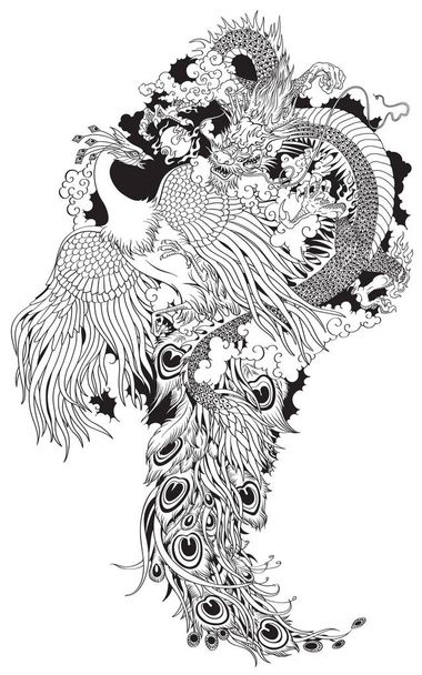 Chinese draak en phoenix  - Vector, afbeelding